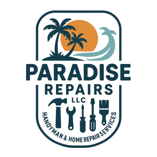 Paradise Repairs LLC logo with tropical palm trees and repair tools