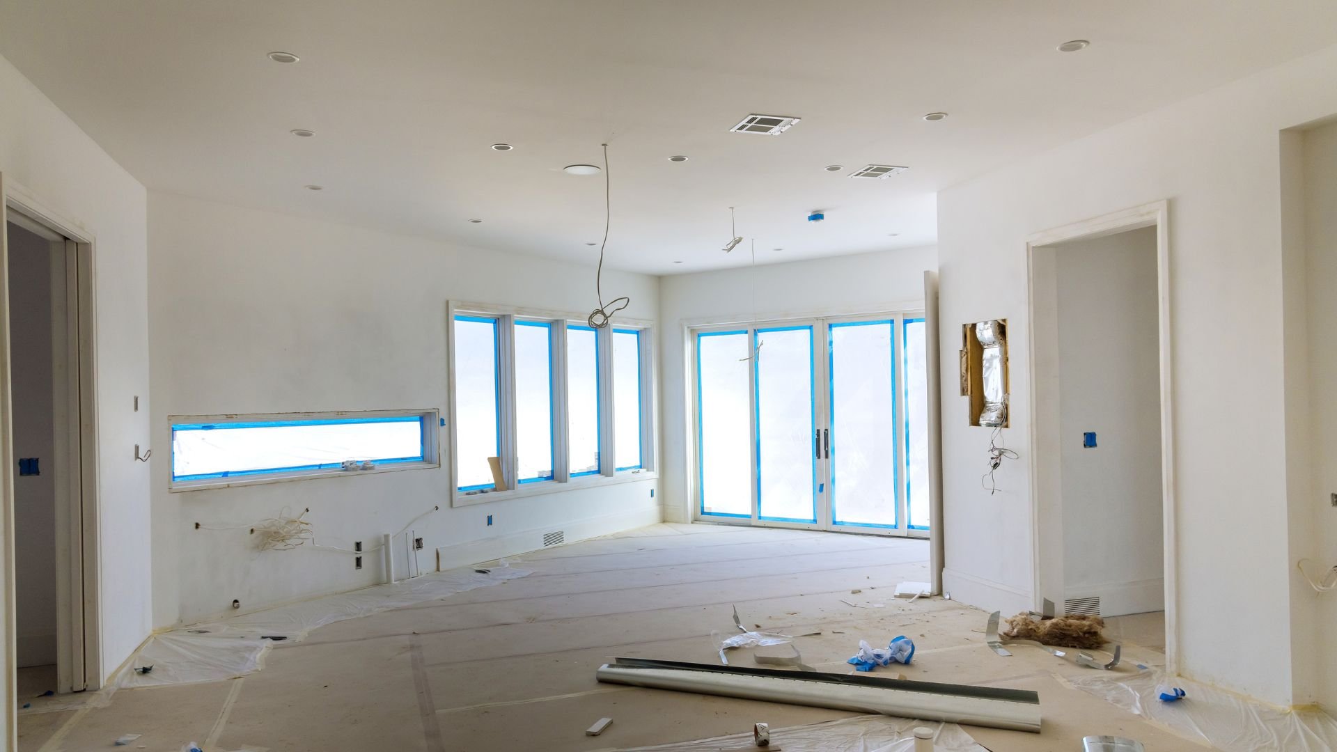 Interior of a house under construction with white walls and blue-taped windows